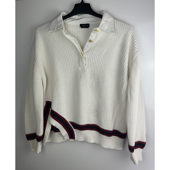Carbon38 Mixed Media Rugby Collared Sweater Ribbed Thick Knit Ivory Size Large - Picture 12 of 13